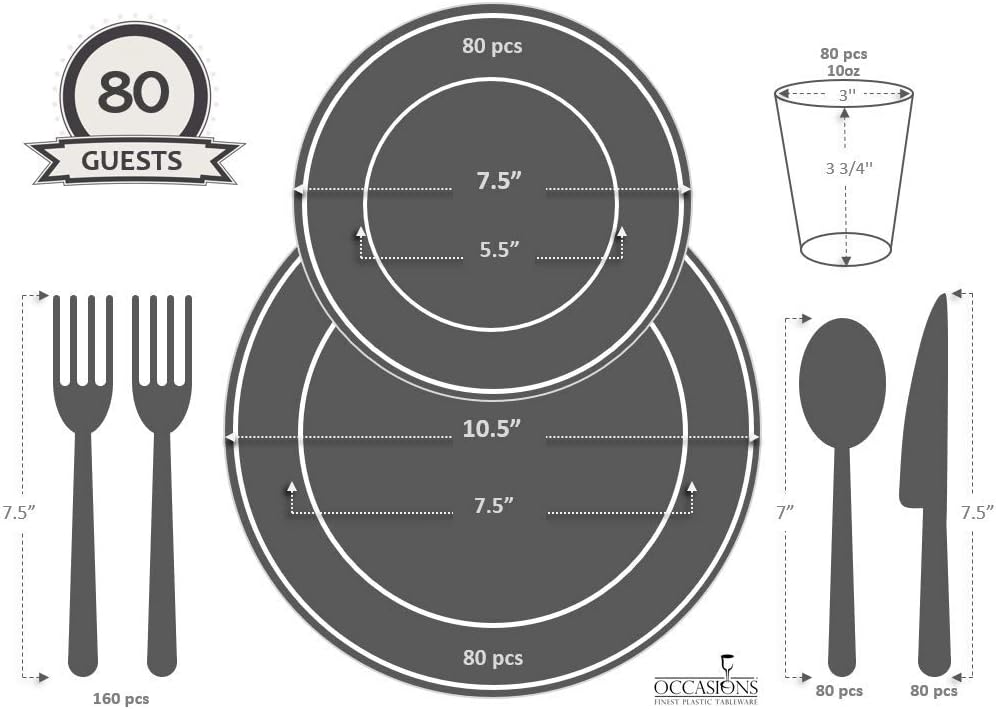 ' OCCASIONS ' 640pcs set (80 Guests)-Heavyweight Wedding Party Disposable Plastic Plate Set -80 x 10.5'' + 80 x 7.5'' + Silverware + Cups + Napkins (Odyssey White/Blue & Gold Rim)