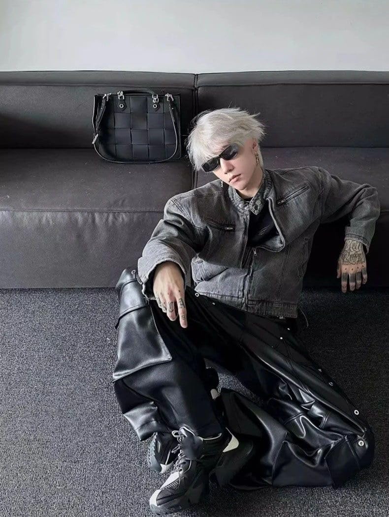 Spring Autumn Long Loose Casual Shiny Pu Leather Pants Men Rivet Wide Leg Trousers Punk Style Streetwear