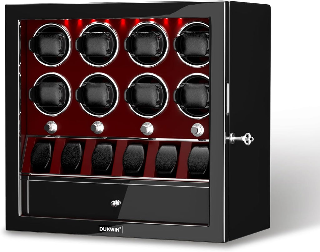DUKWIN Watch Winder for 4/6/8 Automatic Watches, Lockable Winders with Watch Holders and Jewelry Storage, Super Quiet Motor with High-Gloss Finish, Built-in Illumination