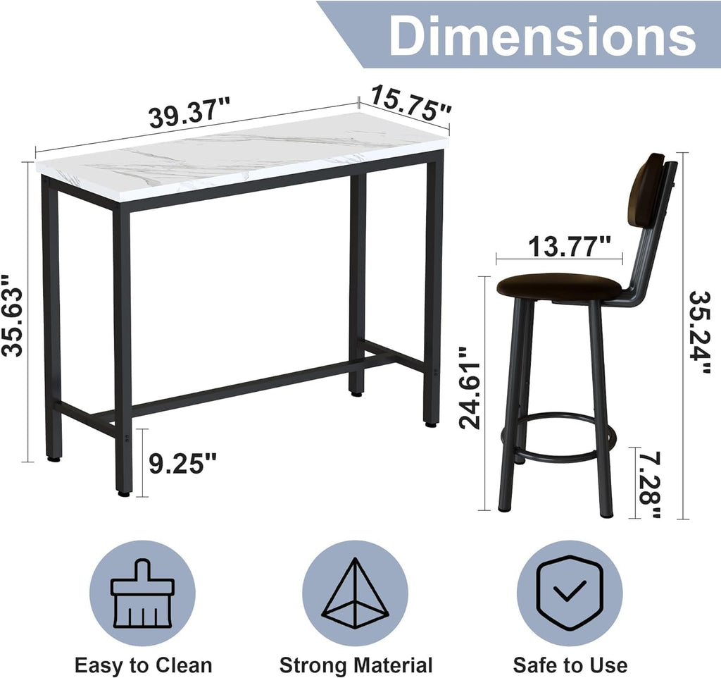 AWQM 3 Piece Bar Table Set of 2,39.3' Pub Bar Table and Chairs Set,Faux Marble Bar Height Table with 2 Backrest Stools,Small Dining Table for 2,Kitchen Table Set for Small Space,White & Brown(2 Set)