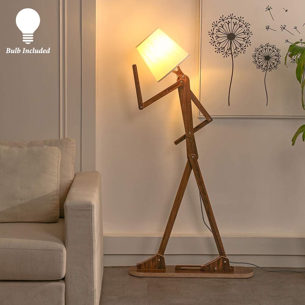 Cool Decorative Tall Floor Lamp Wood Swing Arm Standing Corner Reading Lights for Kids Bedroom Living Room Farmhouse - LED Bulb Included (Teak)