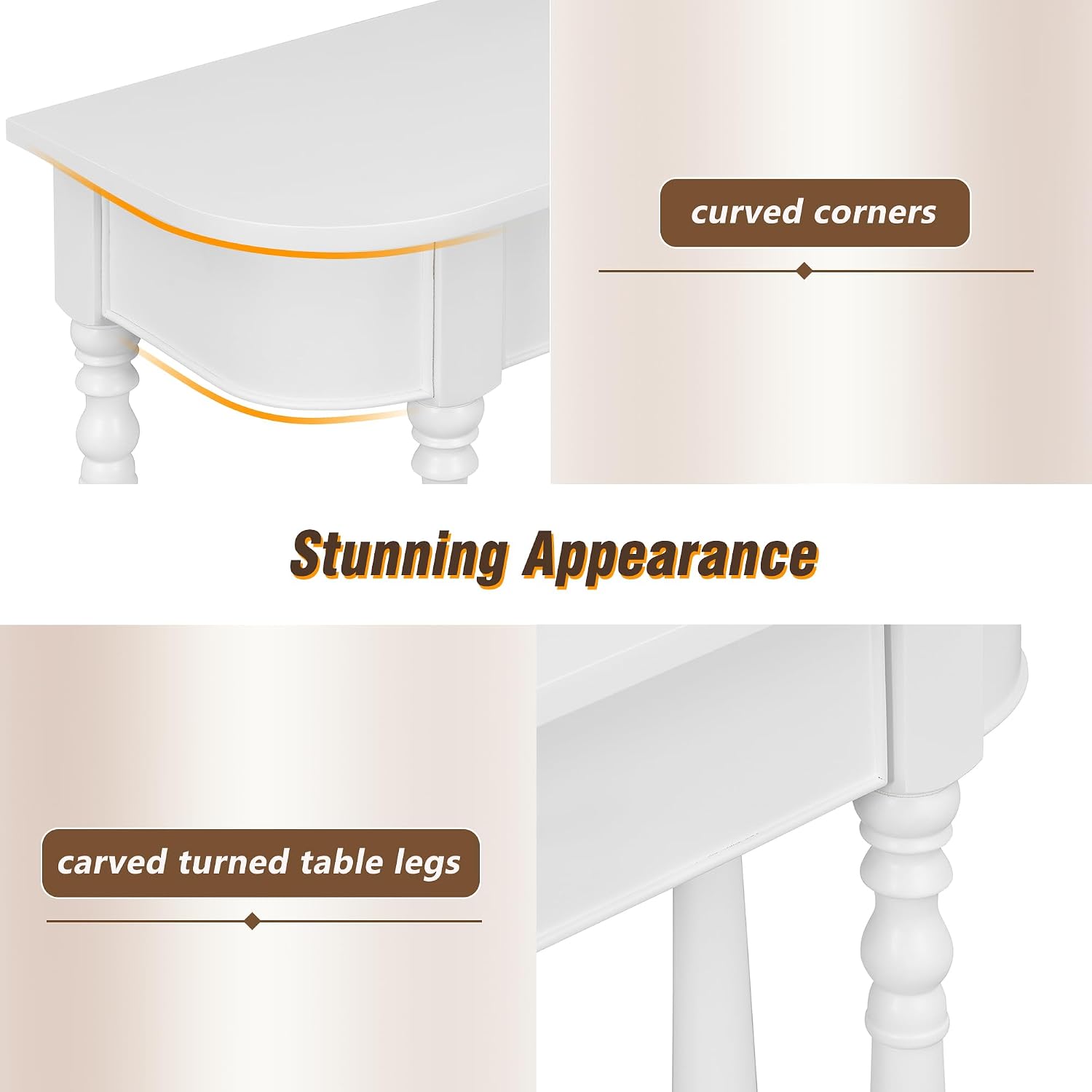 LKTART Solid Wood Corner-Curved Console Table,Farmhouse Space-Saving Entryway Sofa Table with Drawer & Open Shelf for Living Room,Hallway,Foyer(White 36')