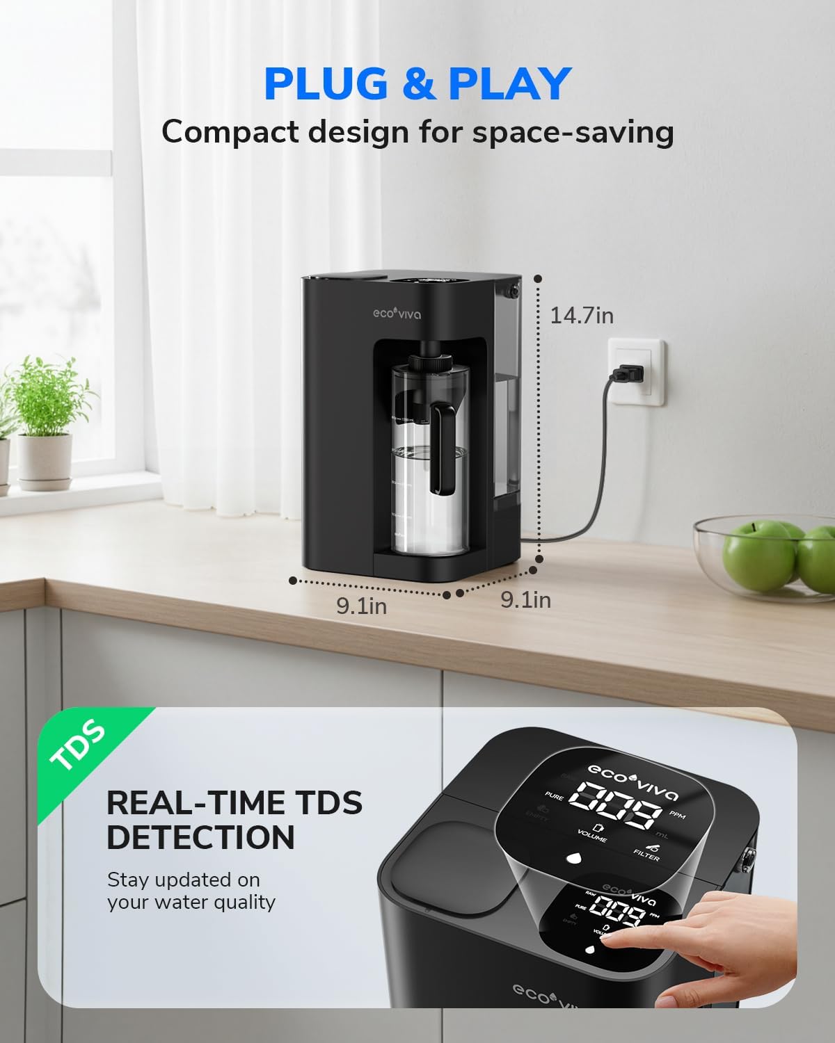 Ecoviva Mate 3 UV Countertop Reverse Osmosis Water Filter with 2 Auto-Fill Pitchers, 9-Stage RO Filtration System, Installation-Free, Reduces TDS, 3:1 Pure-to-Drain Ratio, Home & Kitchen, Black