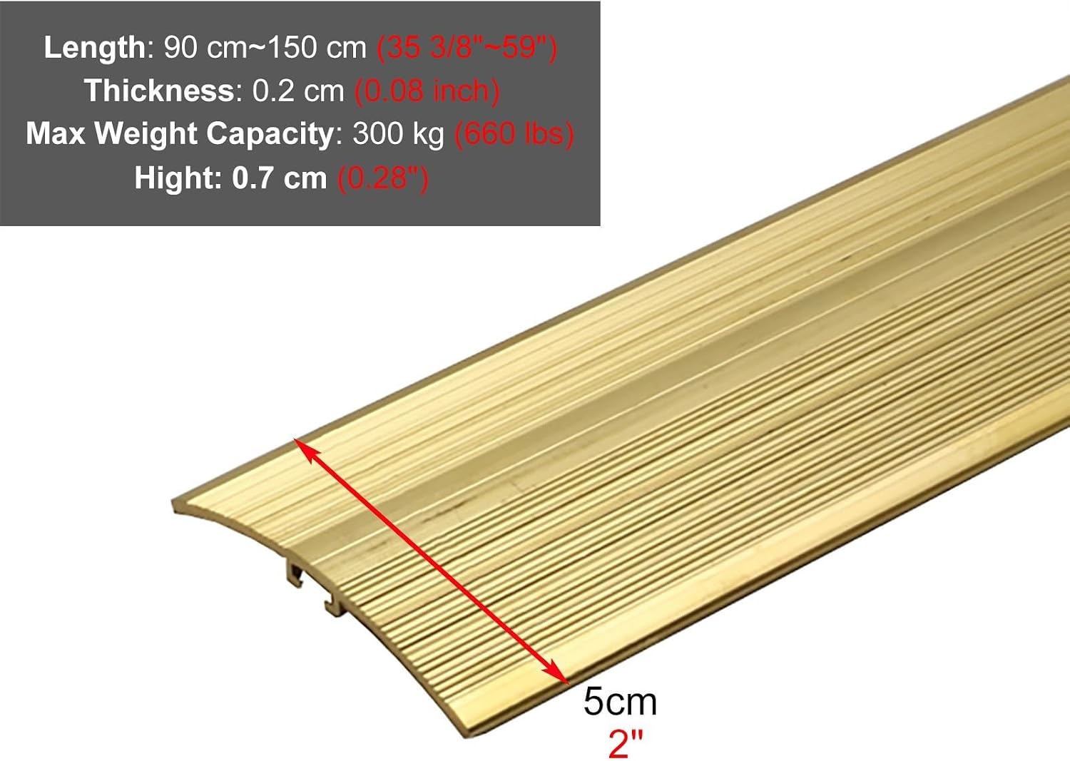 Vibeo Threshold Strip 90 100 110 120 130 140 150 Cm Long Brass Floor Transition Strip, 3 3.5 4 5 6 Cm Wide Threshold Seal Bar, Wood to Tile Floor Divider Strip(L120cm(47 1/4'),W5cm(2'))