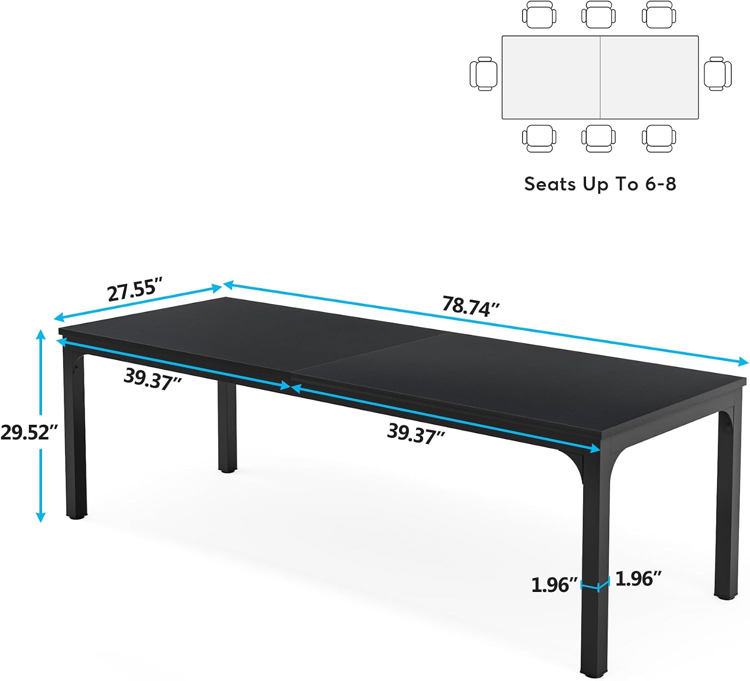 Tribesigns Black Dining Table for 6-8 Person, 78 inch Large Long Rectangle Kitchen Dinner Table for Dining Room, 78.7 x 27.5 x 29.5 Inches(Only Table)