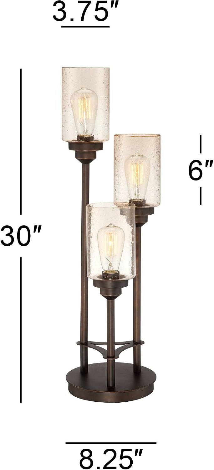 Franklin Iron Works Libby Modern Industrial Rustic Farmhouse Table Lamp 30' Tall Full Size Bronze Metal 3-Light LED Amber Seeded Cylinder Glass for Living Room Bedroom House Bedside Nightstand