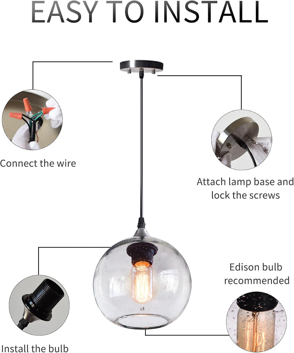 Globe Pendant Lights Kitchen Island 3 Pack Hand Blown Glass Modern Rustic Lighting Clear Seeded Bubbles Dining Room Table Coffee Bar Counter Brushed Nickel Lamp 7.4 Inch Diam