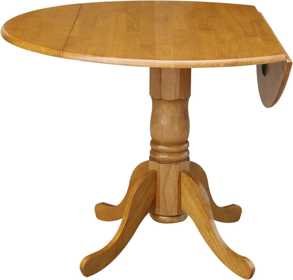 IC International Concepts, 42' Round Dual Drop Leaf Pedestal Dining Table, Solid Real Wood, Sturdy Parawood, Dimensions 42'D x 42'W x 29.5'H, 20mm thickness, 40lbs Weight Capacity, Oak