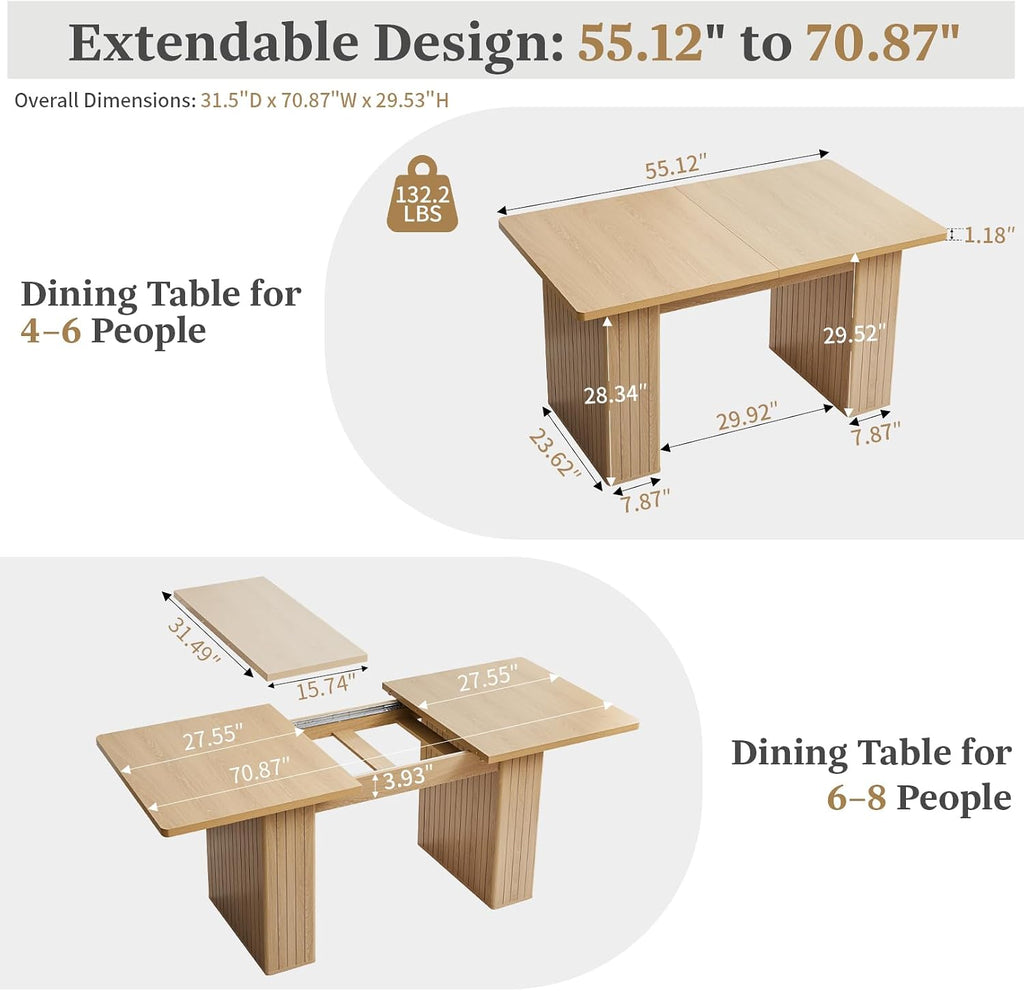 55 in–71 in Extendable Rectangular Dining Table for 4–6, Modern Farmhouse Expandable Kitchen Table with Carved Line Base, Wooden Dinner Table for Kitchen Living Room Home Office (Natural)