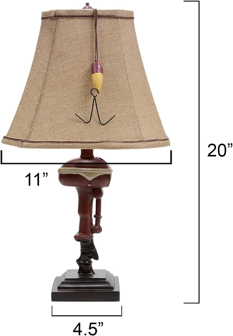 BLACK FOREST DECOR Outboard Accent Table Lamp – Rustic Boat Motor Fishing Lamp with Linen Shade – 11' W x 8.2' D x 20' H
