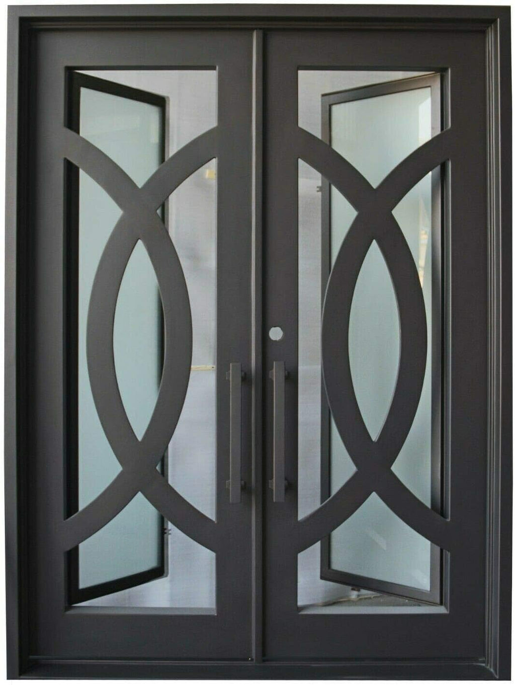 Bellevue Exterior Pre-Hung Double Front Entry Door Wrought Iron with Operable Tempered Frosted Glass Inside Swing Dark Bronze Finish (72 By 96 Right Hinge Active)