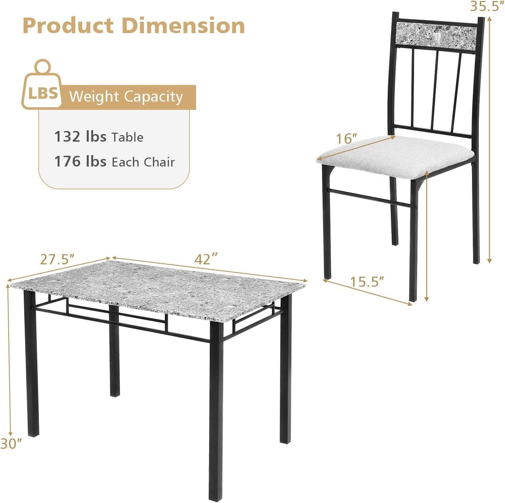 Giantex 5-Piece Dining Table Set for 4, Kitchen Table and Upholstered Chairs Set with Faux Marble Tabletop & Metal Frame, Space-Saving Dinette Set for Breakfast Nook, Small Space, Grey
