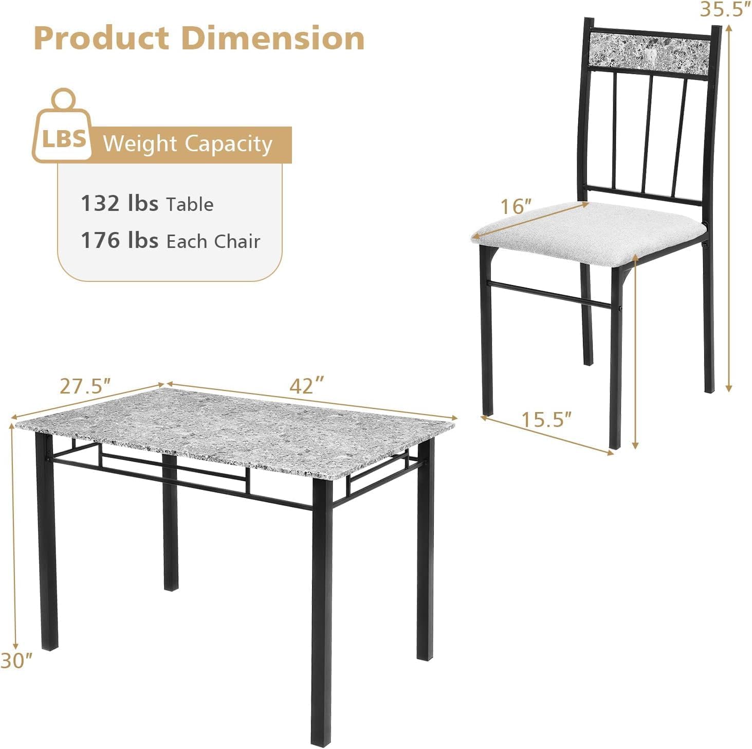 Giantex 5-Piece Dining Table Set for 4, Kitchen Table and Upholstered Chairs Set with Faux Marble Tabletop & Metal Frame, Space-Saving Dinette Set for Breakfast Nook, Small Space, Grey