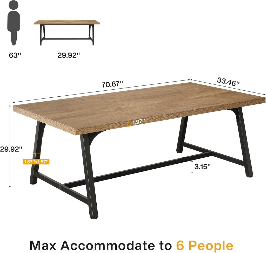 Tribesigns Dining Table for 8 People, 70.87-inch Rectangular Wood Kitchen Table with Strong Metal Frame, Vintage Large Long Dining Room Table for Big Family (Yellow Brown)