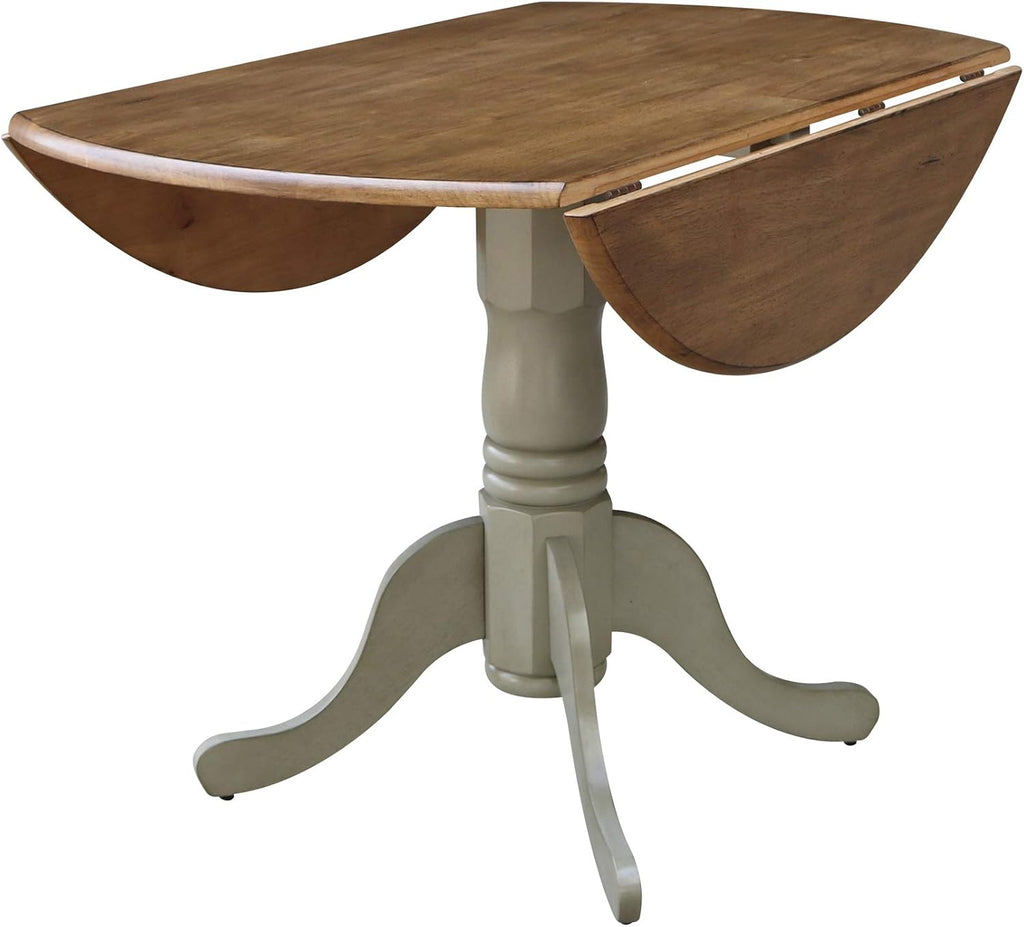 IC International Concepts, 42' Round Dual Drop Leaf Pedestal Dining Table, Solid Real Wood, Sturdy Parawood, Distressed Hickory/Stone