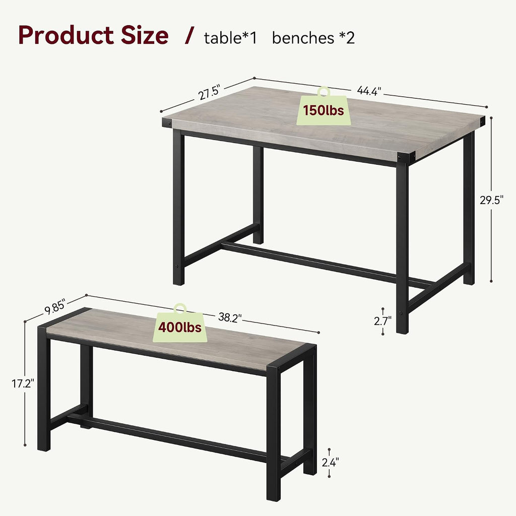 IDEALHOUSE Dining Table Set for 4, Kitchen Table with Benches, Rectangular Dining Room Table Set with 2 Metal Wood Benches, 3 Piece Dining Table Set for Small Space, Apartment, Dinette, Retro Gray