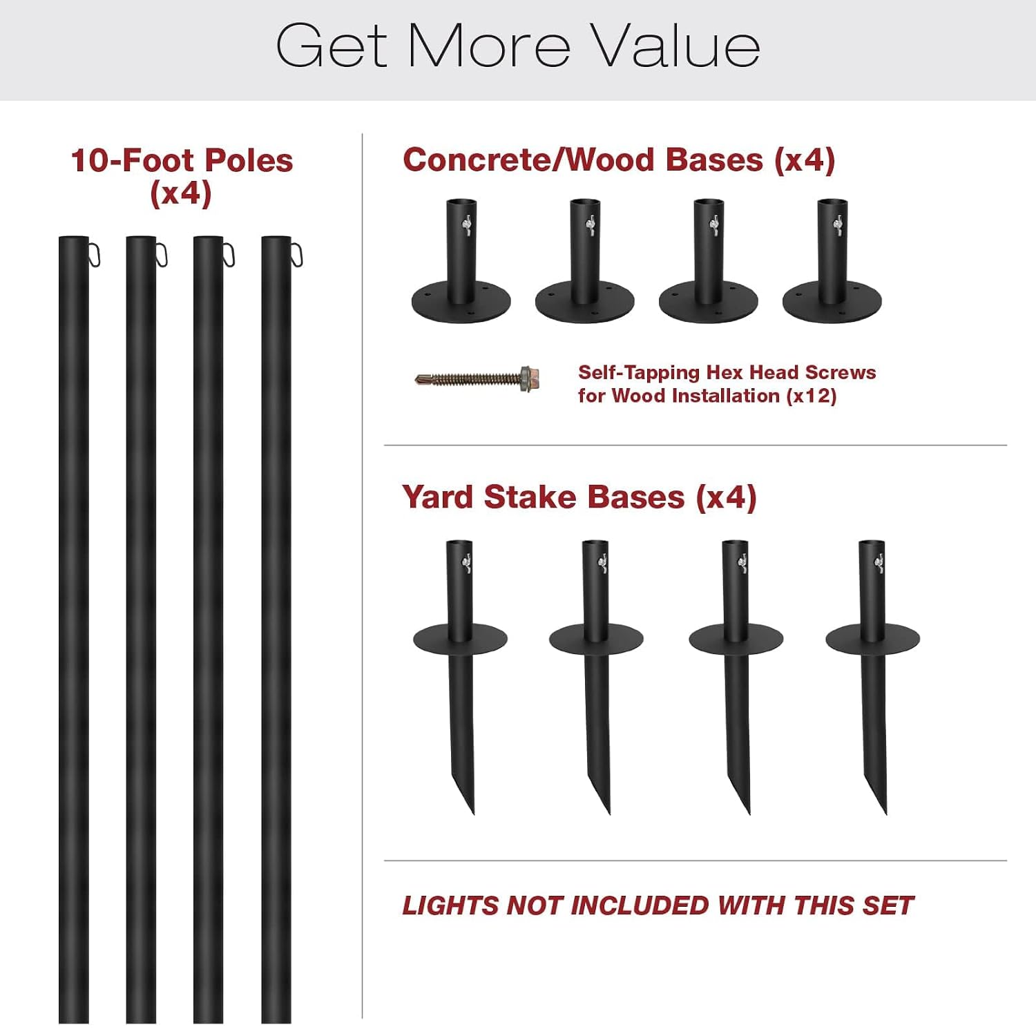 EXCELLO GLOBAL PRODUCTS Bistro String Light Poles - 4 Pack - Extends to 10 Feet - Universal Mounting Options Included