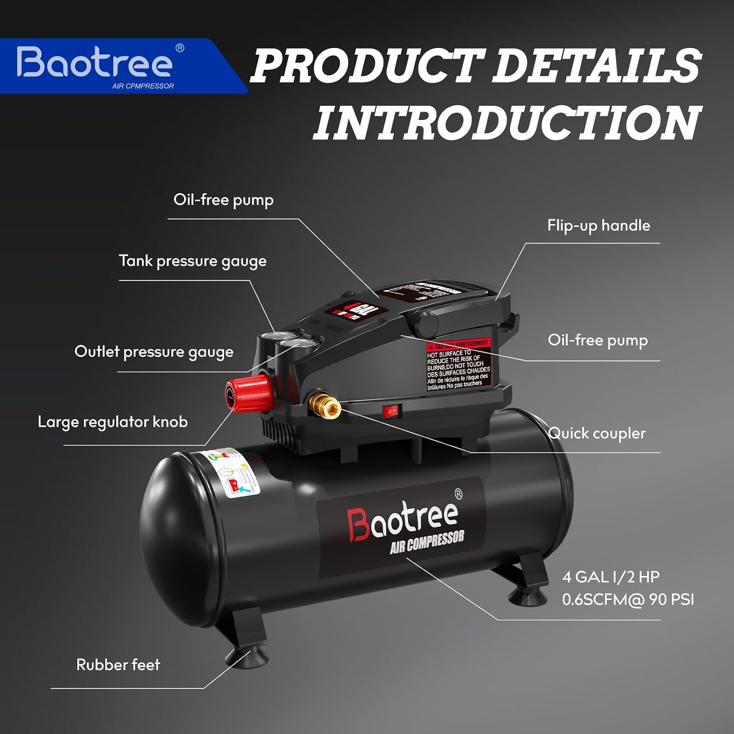 4 Gallon Portable Air Compressor, 0.5HP Motor 0.6SCFM@90 PSI,1.0SCFM@40PSl Max 110PSI Oil Free Air Compressor Tank, Garage Air Compressors for Car Repair, Spray Painting, Woodwork Nailing