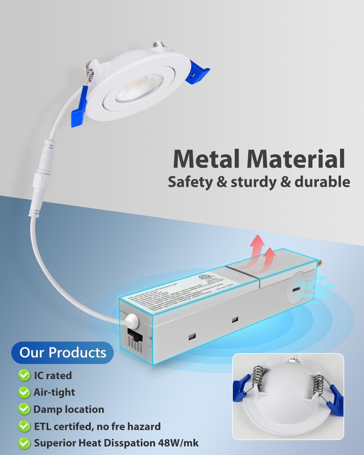 Adetu 2 Inch 5CCT Gimbal Led Recessed Lighting with Junction Box, 360°+90° Adjustable Recessed Can Lights, 2700K/3000K/3500K/4000K/5000K Selectable, 5W Eqv 50W, 550LM Brightness - ETL (White,12 Pack)