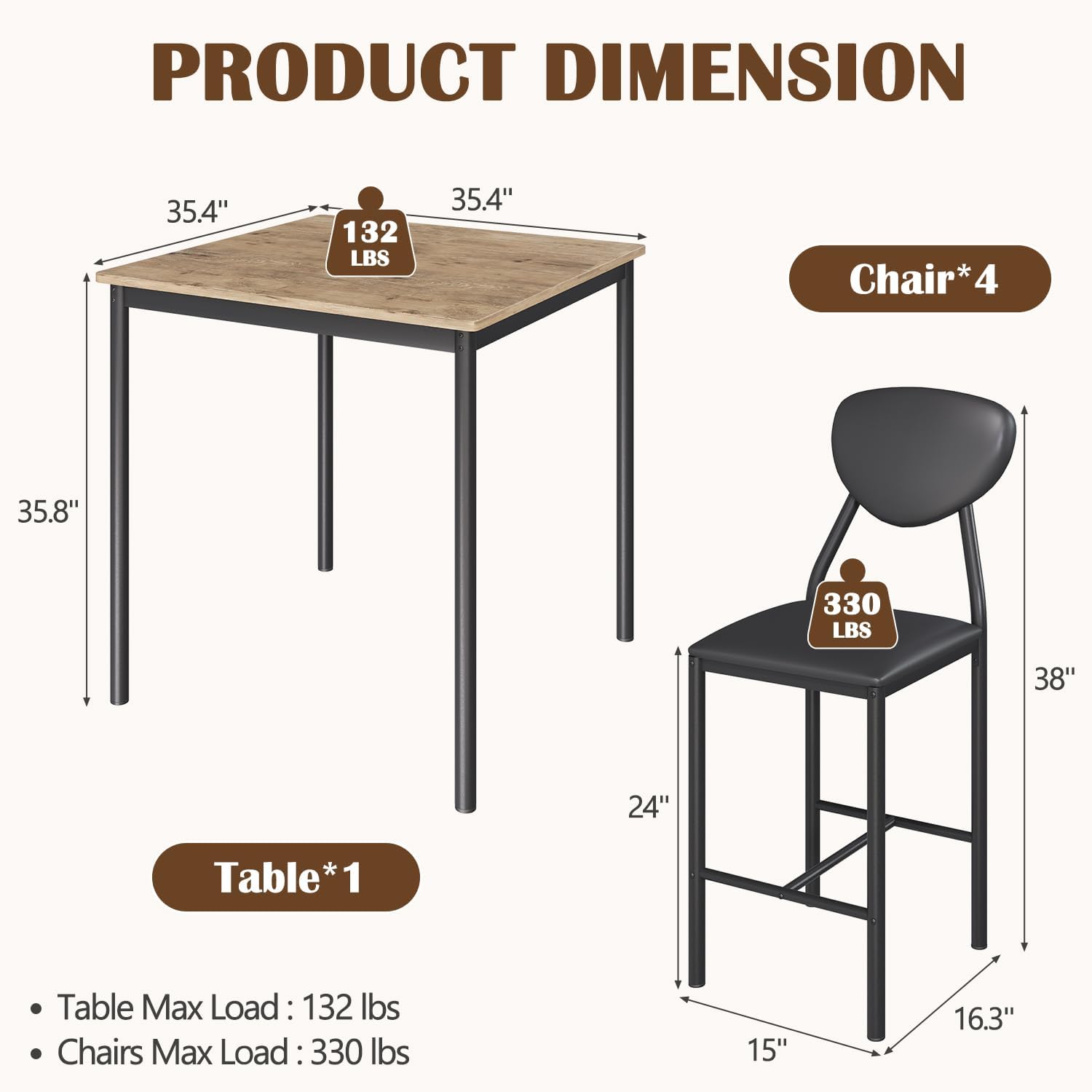 EROMMY Dining Table Set for 4, Modern Kitchen Table and Chairs with PU Leather Upholstery, Wood Dining Table with Chairs for Small Space, Dining Room, Brown