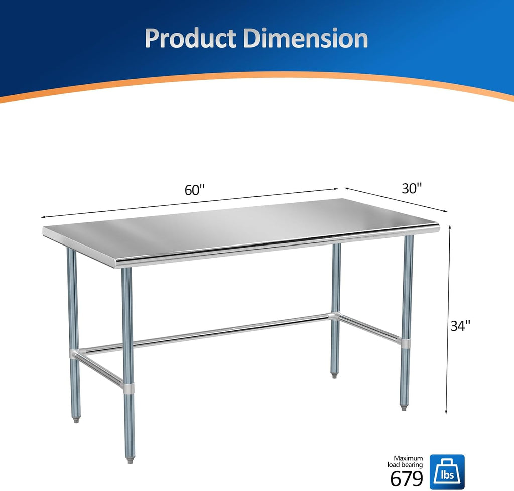 ROVSUN Open Base Stainless Steel Table 60 x 30 Inches, NSF Commercial Heavy Duty Prep & Work Table, Metal Table for Kitchen, Restaurant, Home, Hotel, Garage, Laundry
