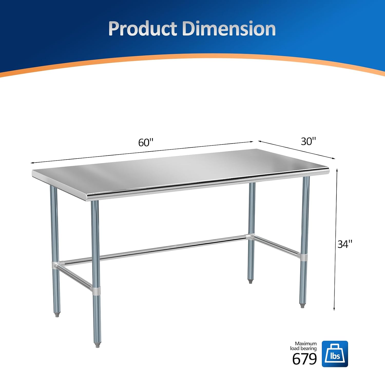 ROVSUN Open Base Stainless Steel Table 60 x 30 Inches, NSF Commercial Heavy Duty Prep & Work Table, Metal Table for Kitchen, Restaurant, Home, Hotel, Garage, Laundry