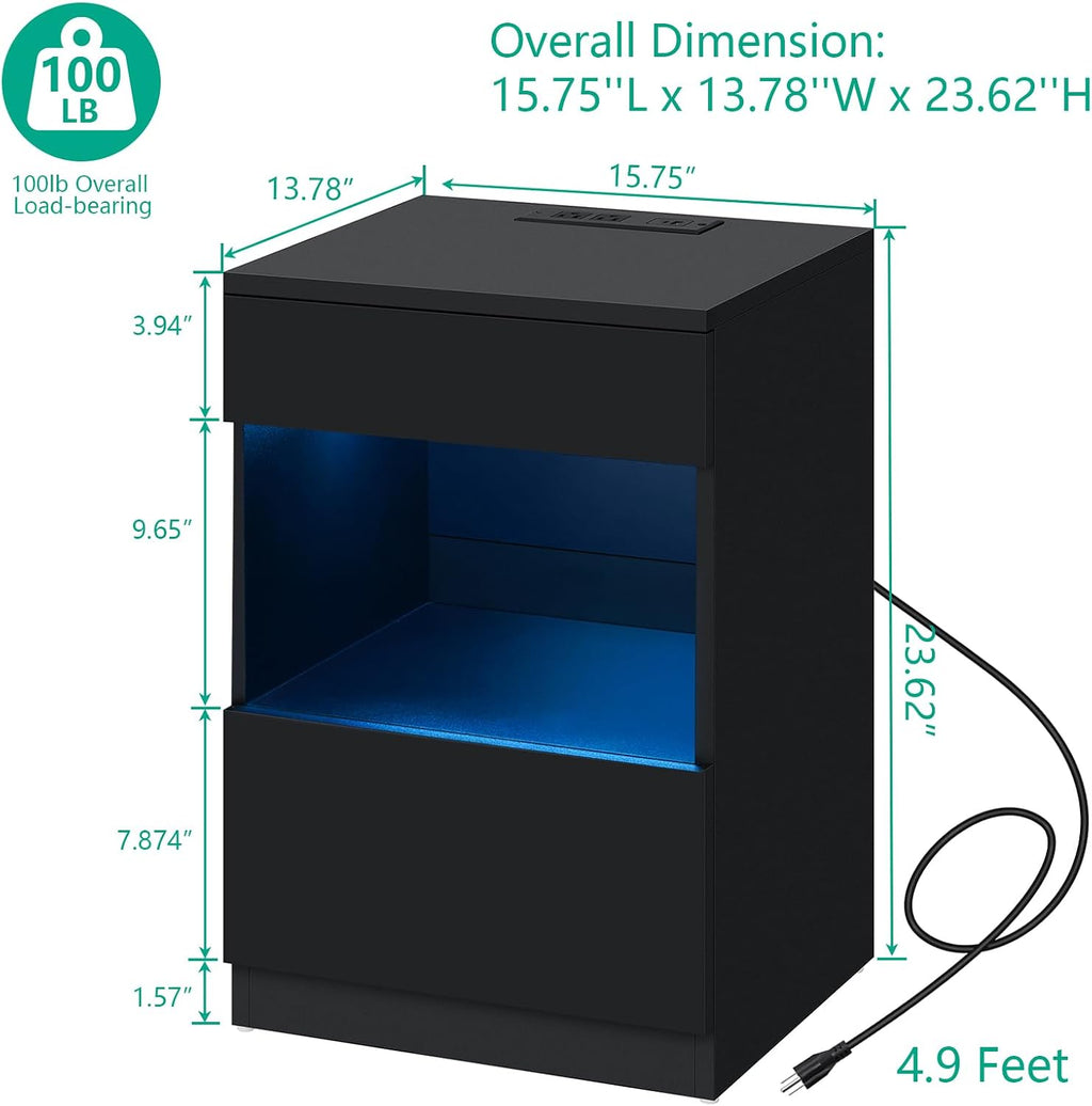 HOMMPA Set of 2 Open Shelf LED Nightstand with Charging Station 2 Drawers Bedside Table Black Night Stand with Storage Smart Nightstands High Gloss Night Table with Led Light for Bedroom Furniture