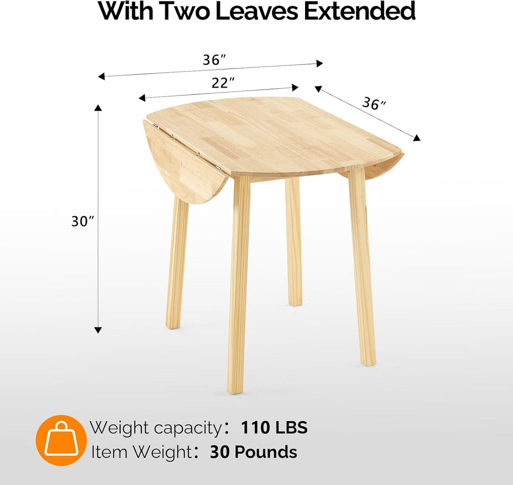 VINGLI 35' Solid Wood Folding Dining Table, Drop Leaf Kichen Dining Room Desk for Small Spaces, Small Kitchen, Expandable Folding Round Table for Home, Apartment,Office, Light Oak