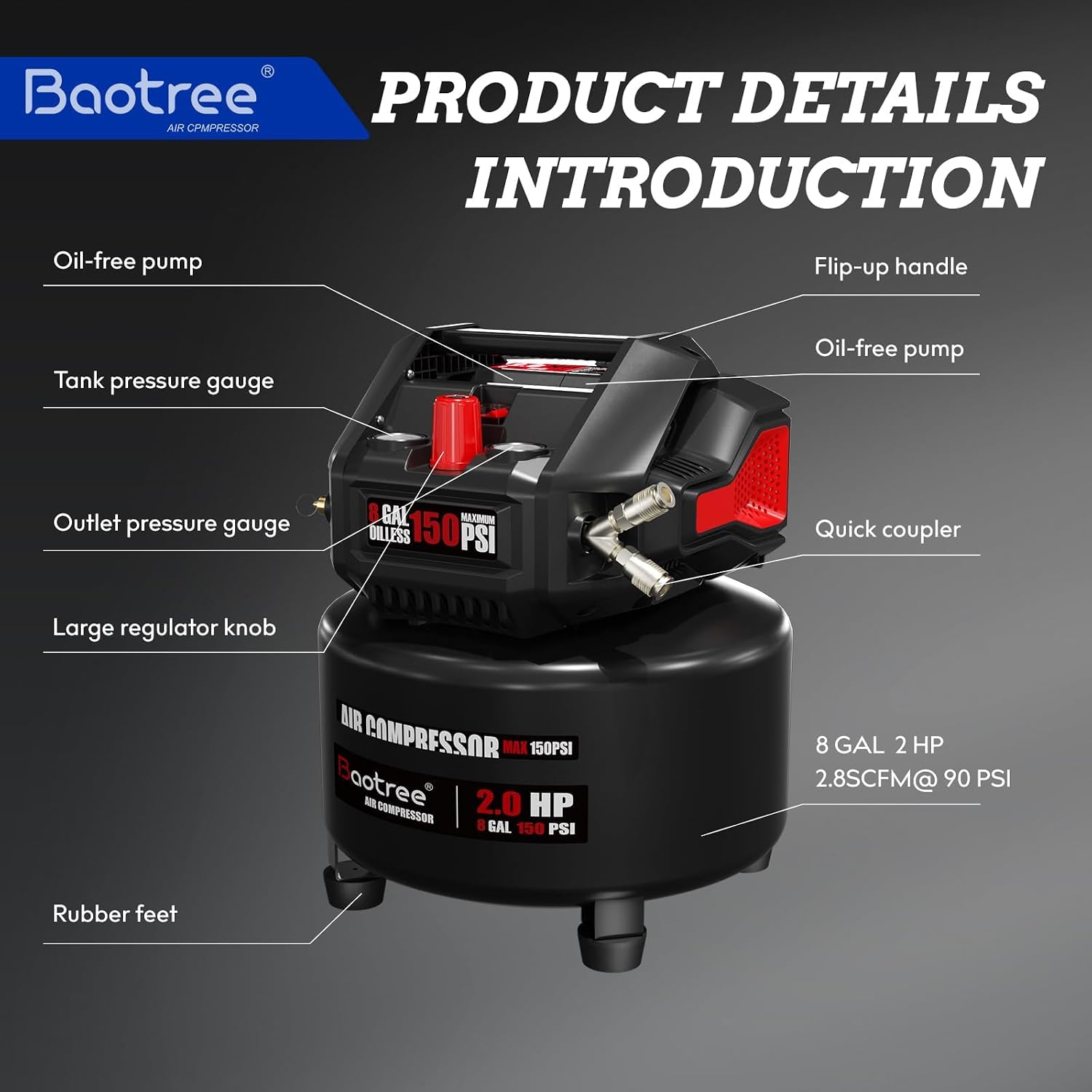 8 Gallon Portable Air Compressor, 2HP Motor 2.8SCFM@90 PSI,3.8SCFM@40PSl Max 150PSI Oil Free Air Compressor Tank, Garage Air Compressors for Car Repair, Spray Painting, Woodwork Nailing