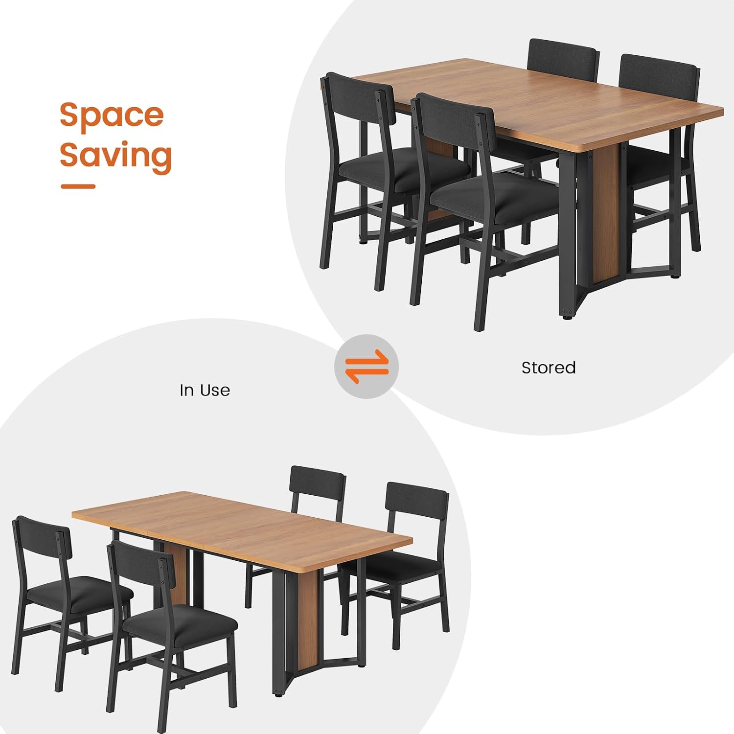 Itaar 5-Piece Dining Table Set for 4-6 People, 63' Extendable Kitchen Table and 4 Cushion Chairs, Dining Room Table with MDF Board & Metal Frame for Small Space, Easy Clean, Brown
