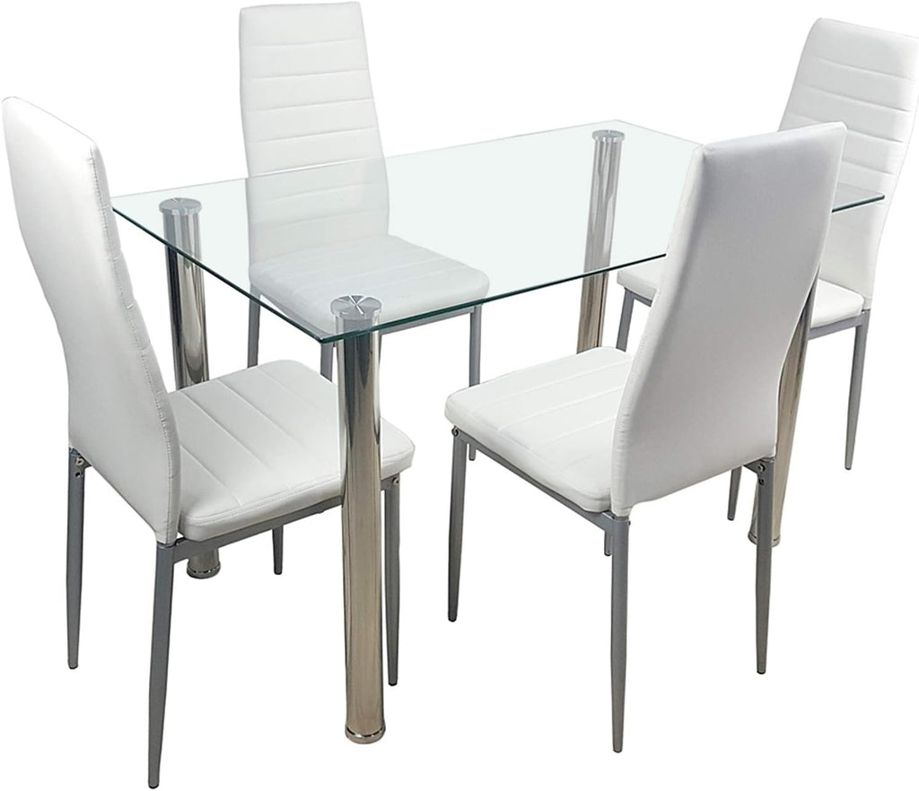 Karl home 5-Piece Dining Table Set with 1 Glass Dining Table and 4 Leather Chairs, Modern Silver Dining Table Set for Kitchen & Breakfast Dining Living Room, Space Saving