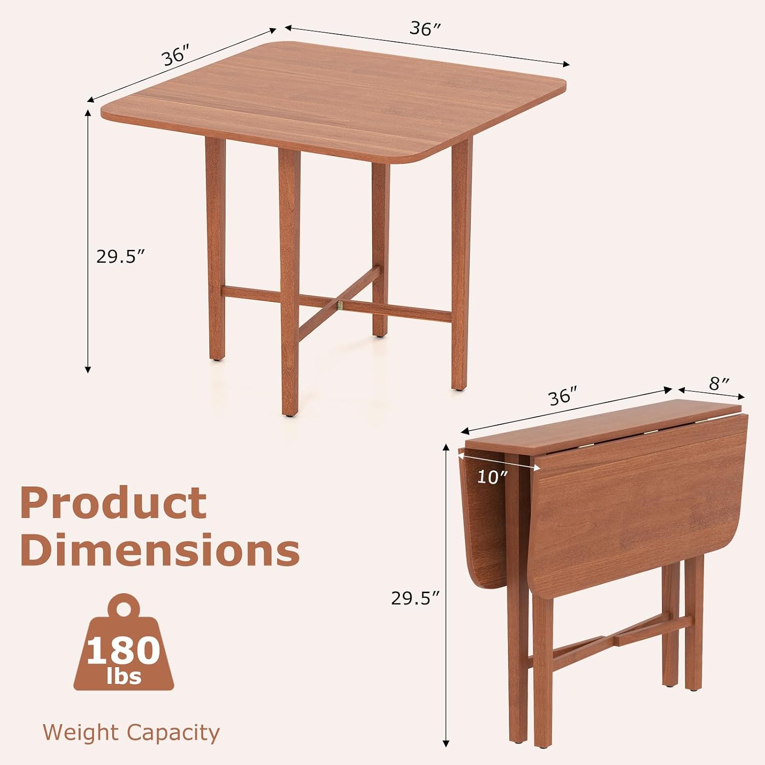 Giantex 36' Folding Dining Table for 2-4, Extendable Drop Leaf Kitchen Table with Solid Rubber Wood Frame, Space-Saving Dinner Table for Small Space, Living Dining Room, Dinette, Walnut