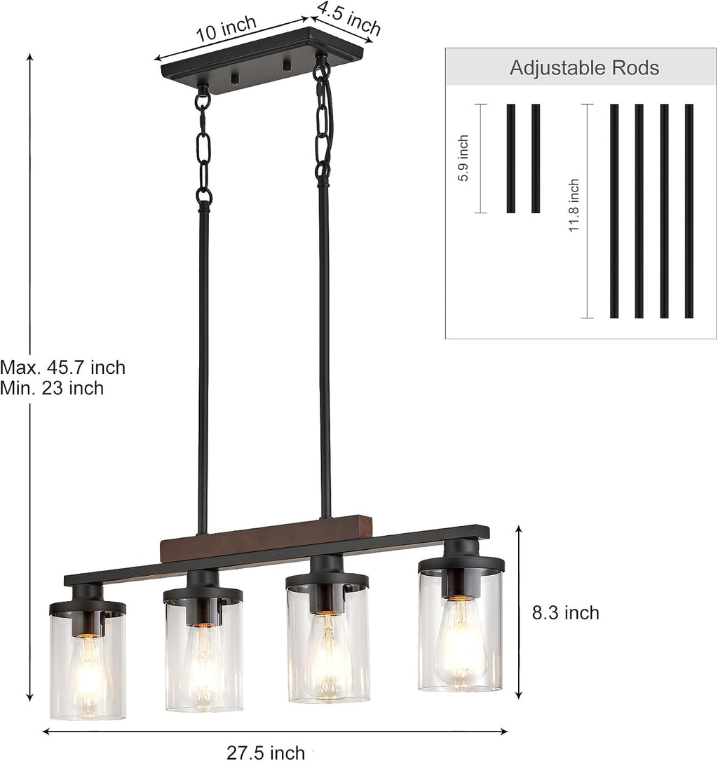 Wood Kitchen Island Lighting,4-Light Farmhouse Dining Room Light Fixture Matte Black Modern Chandeliers for Dining Room Over Table Hanging Pendant Light with Glass Shade for Bar Restaurant
