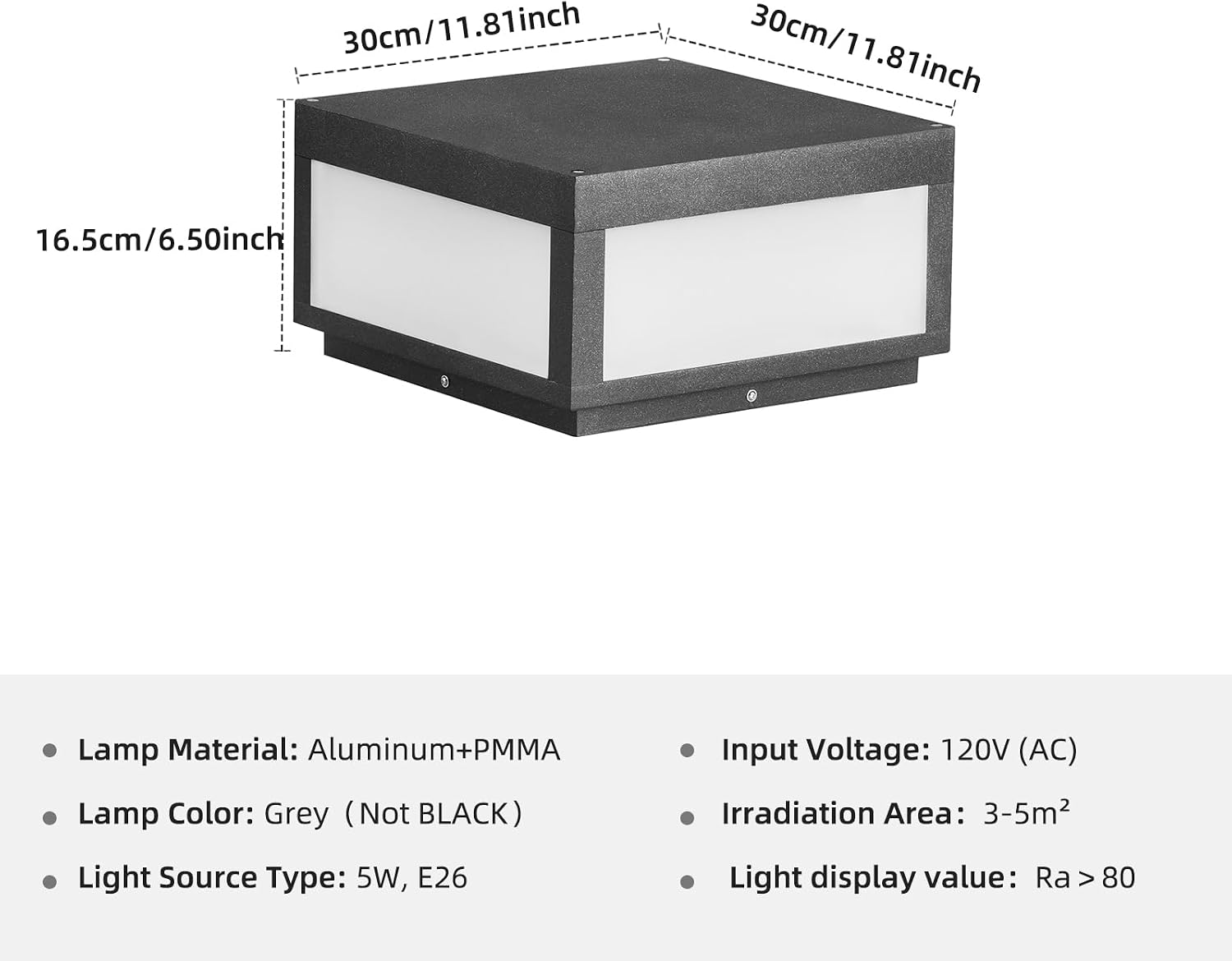 Outdoor Modern Post Light,11.8' Hard Wired Column Caps Lamp Grey Square Post Pillar Lights Waterproof 3000K Luxury LED Lighting with E26 Bulb for Patio Garden Decoration