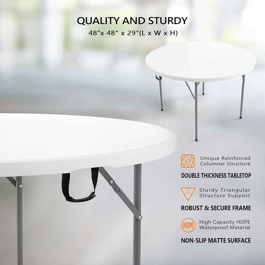 VINGLI White 48' Round Bi-Folding Commercial Table, 4 Feet Portable Plastic Dining Card Table for Kitchen or Outdoor Party Wedding Event, 5-Pack
