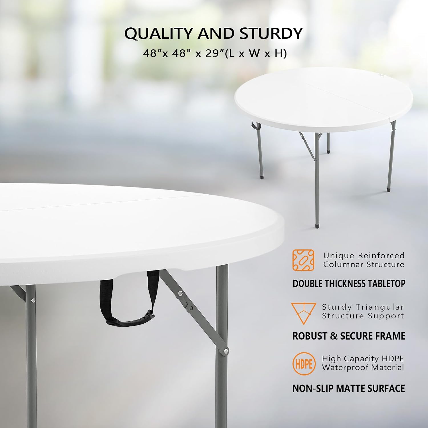 VINGLI White 48' Round Bi-Folding Commercial Table, 4 Feet Portable Plastic Dining Card Table for Kitchen or Outdoor Party Wedding Event, 5-Pack