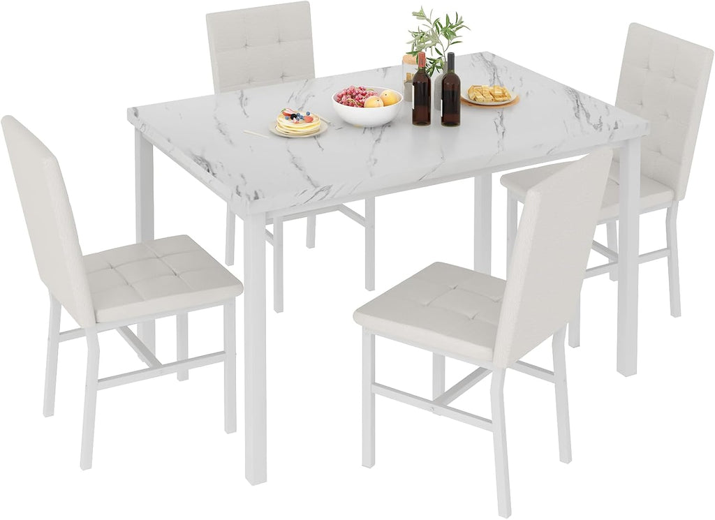 Hooseng Dining Room Table Set 5 Piece Dining Table Set Marble Dining Table 4 Chair Dining Table Set for Kitchen Living Room Breakfast Small Spaces (White)
