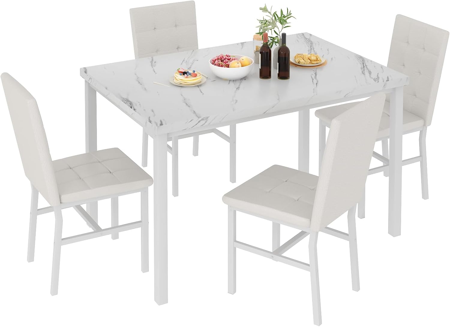 Hooseng Dining Room Table Set 5 Piece Dining Table Set Marble Dining Table 4 Chair Dining Table Set for Kitchen Living Room Breakfast Small Spaces (White)