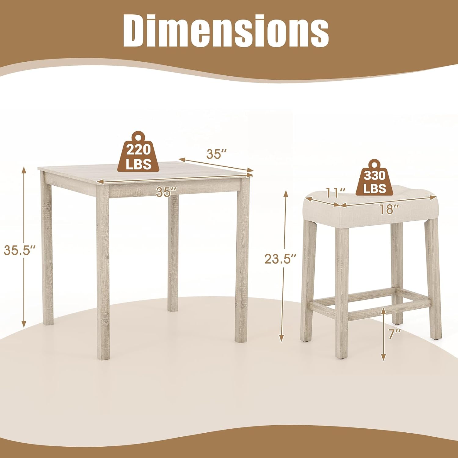 COSTWAY 5-Piece Bar Table Set, Square Breakfast Set for 4 w/Padded Stools, Small Kitchen Table Set w/Rubber Wood Legs, Space-Saving Dining Table Set for Living Room, Kitchen, Small Space