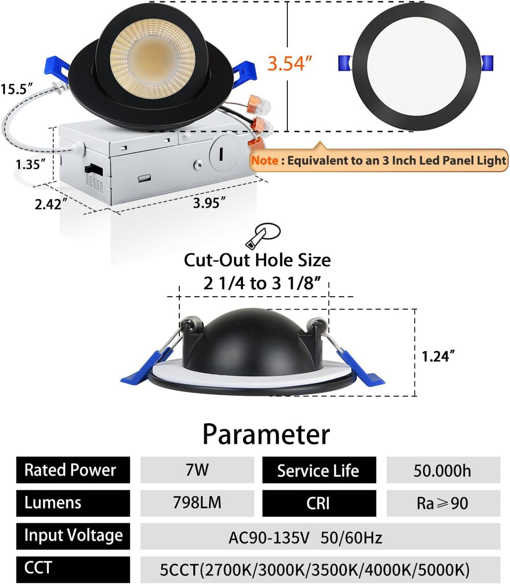 Adetu 3 Inch Gimbal Balck Led Recessed Lighting, 360°+90° Adjustable Directional Led Recessed Lights, 2700K/3000K/3500K/4000K/5000K Dimmable Retrofit Eyeball Can Lights with Jbox,ETL (Black, 12 Pack)