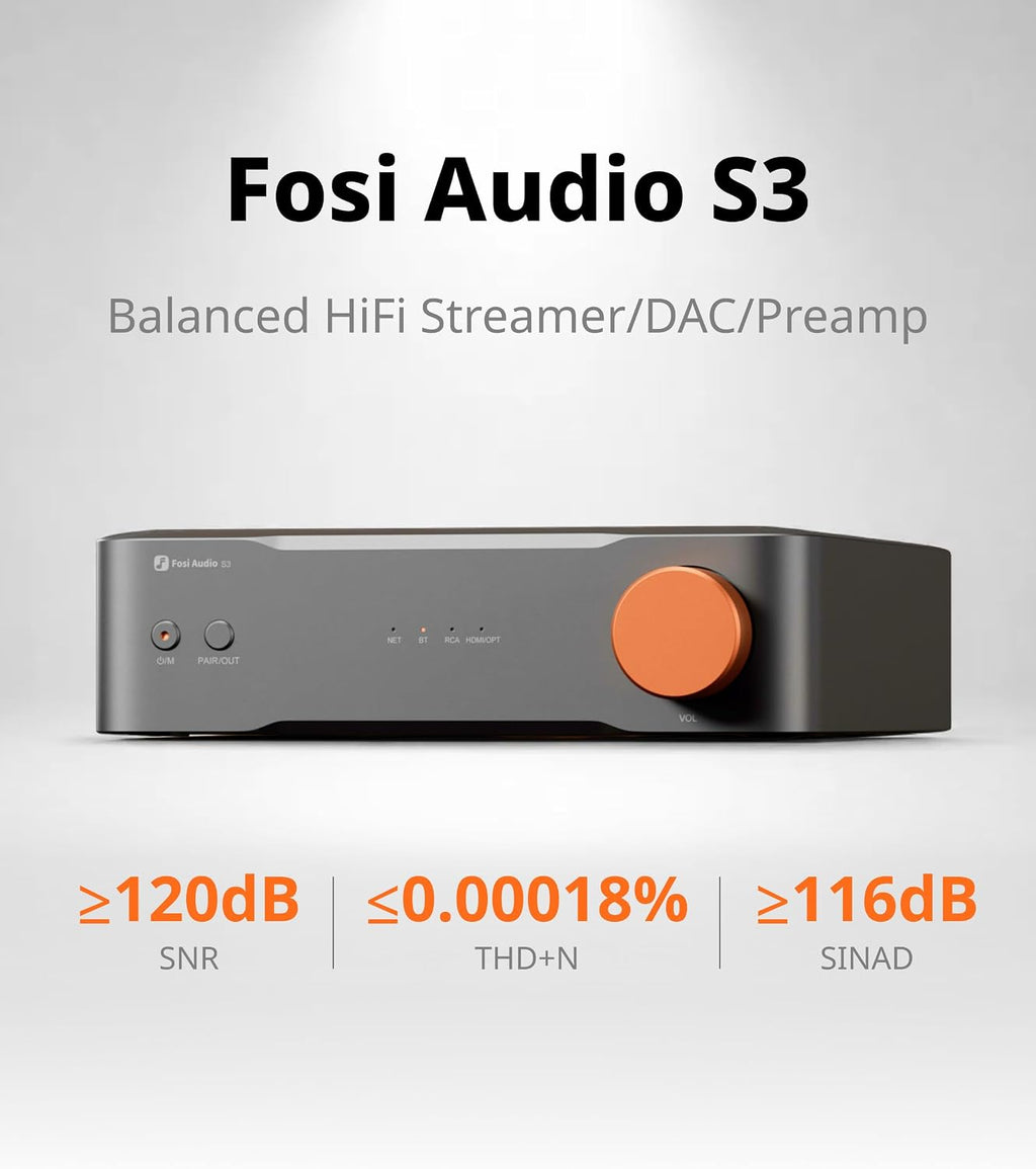 Fosi Audio S3 HiFi Music Streamer DAC Preamp, AK4493SEQ DAC Wi-Fi 6 Bluetooth 5.3, Digital Transport with XLR Balanced/Optical/Sub Out/HDMI eARC, AirPlay 2 Spotify Connect Tidal, 5-Band EQ