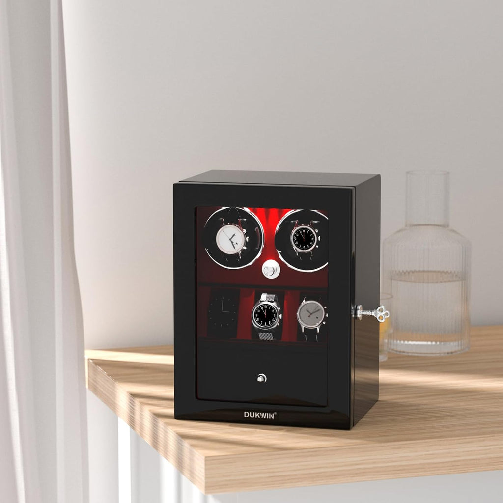DUKWIN Watch Winder for 4/6/8 Automatic Watches, Lockable Winders with Watch Holders and Jewelry Storage, Super Quiet Motor with High-Gloss Finish, Built-in Illumination