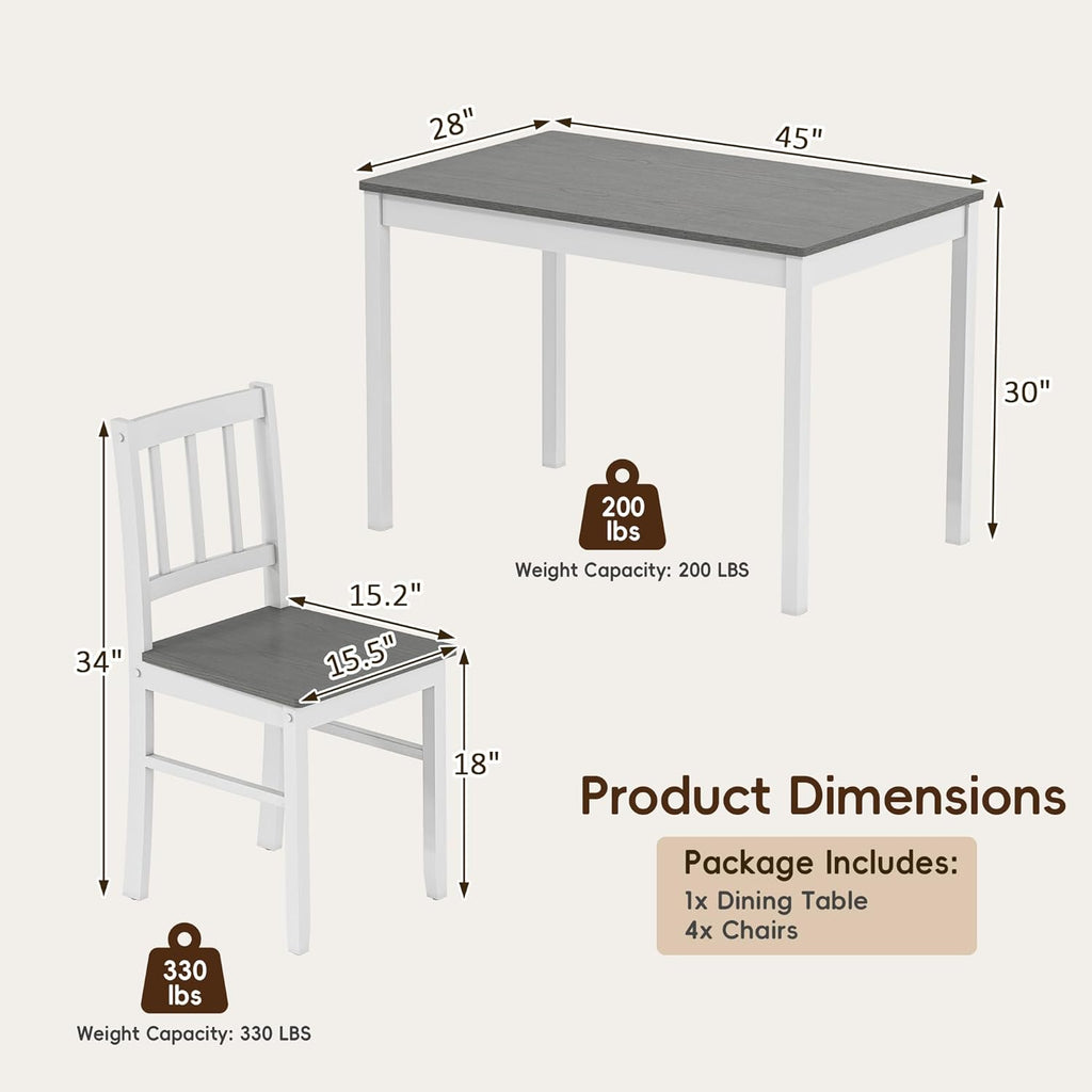 5-Piece Dining Table Set for 4, Solid Wood Farmhouse Rectangular Kitchen Table Set with 4 Chairs, Space-Saving Wooden Dinette Set for Small Space, Dining Room, Breakfast Nook, Grey & White