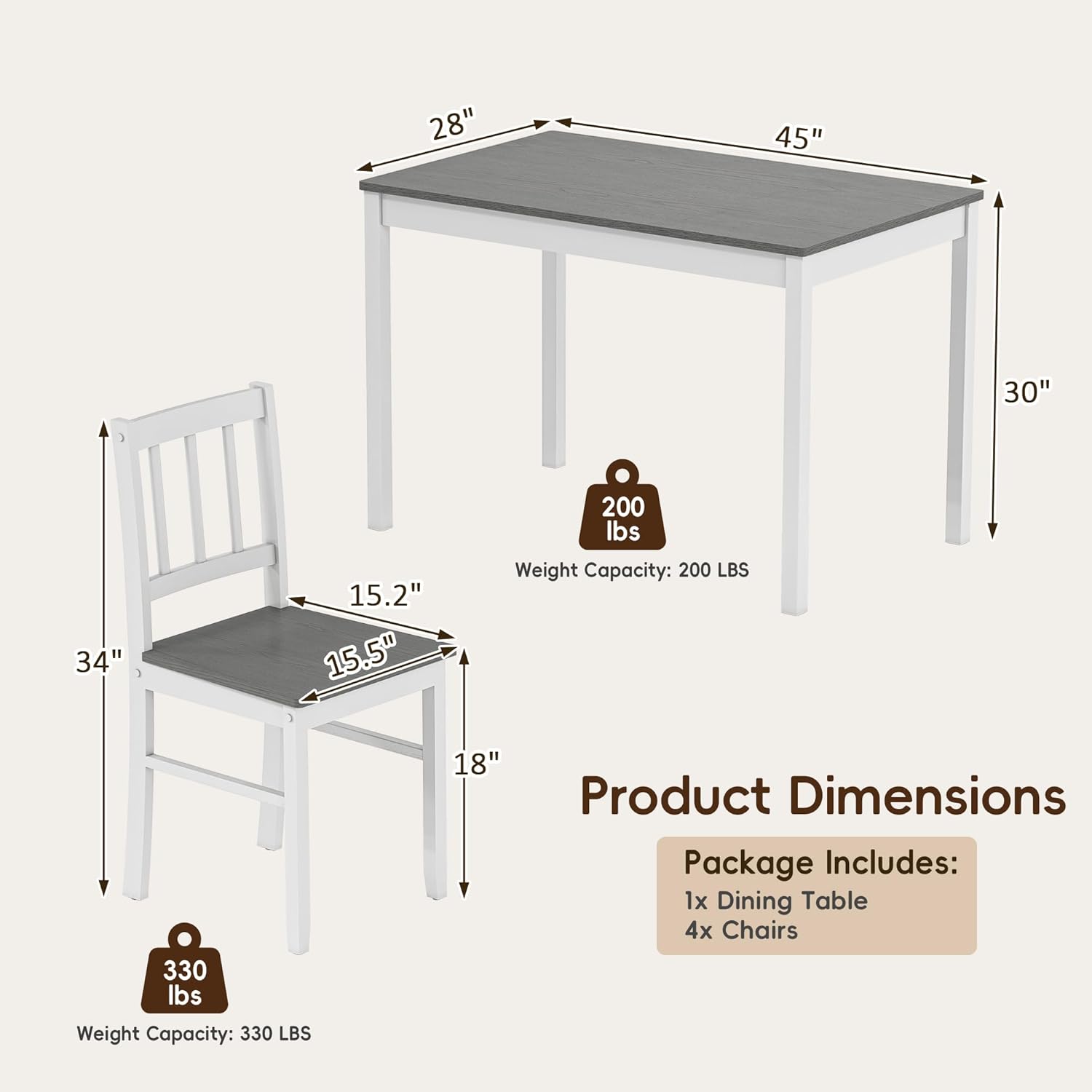 5-Piece Dining Table Set for 4, Solid Wood Farmhouse Rectangular Kitchen Table Set with 4 Chairs, Space-Saving Wooden Dinette Set for Small Space, Dining Room, Breakfast Nook, Grey & White