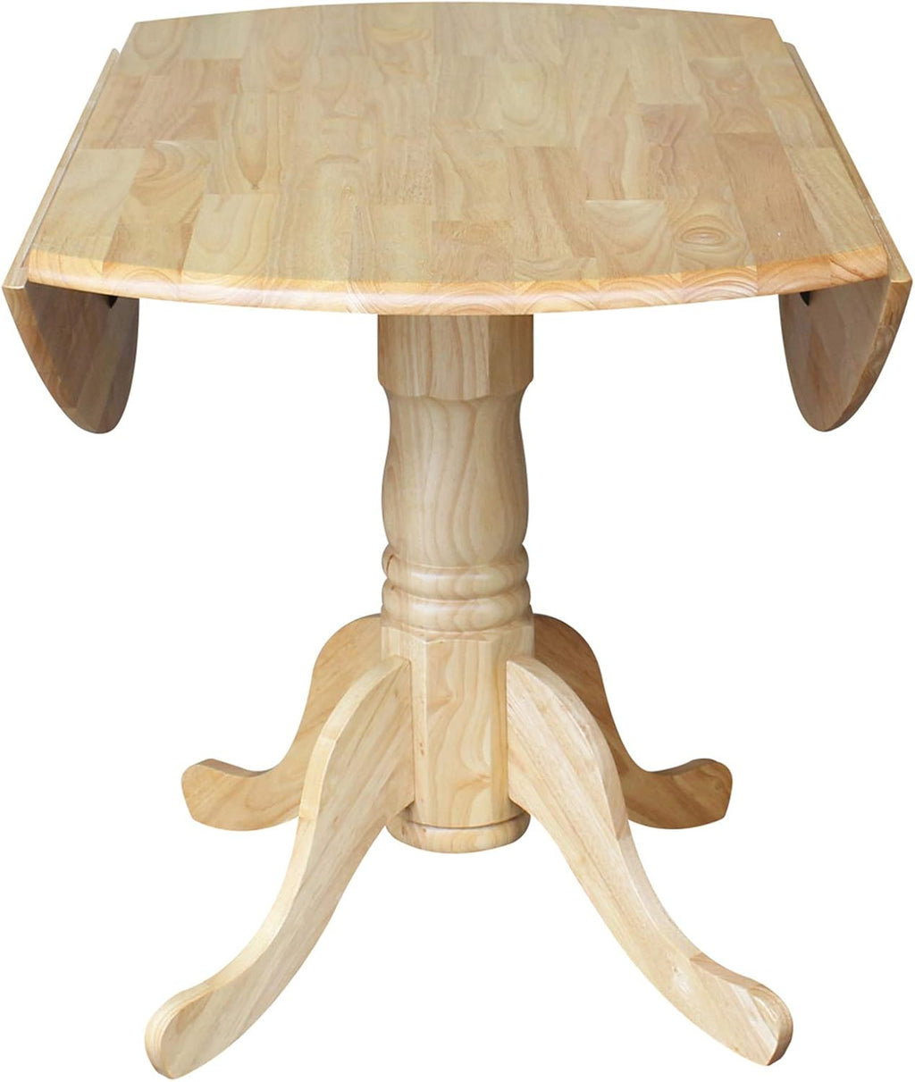 IC International Concepts, 42' Round Dual Drop Leaf Pedestal Dining Table, Solid Real Wood, Sturdy Parawood, Natural