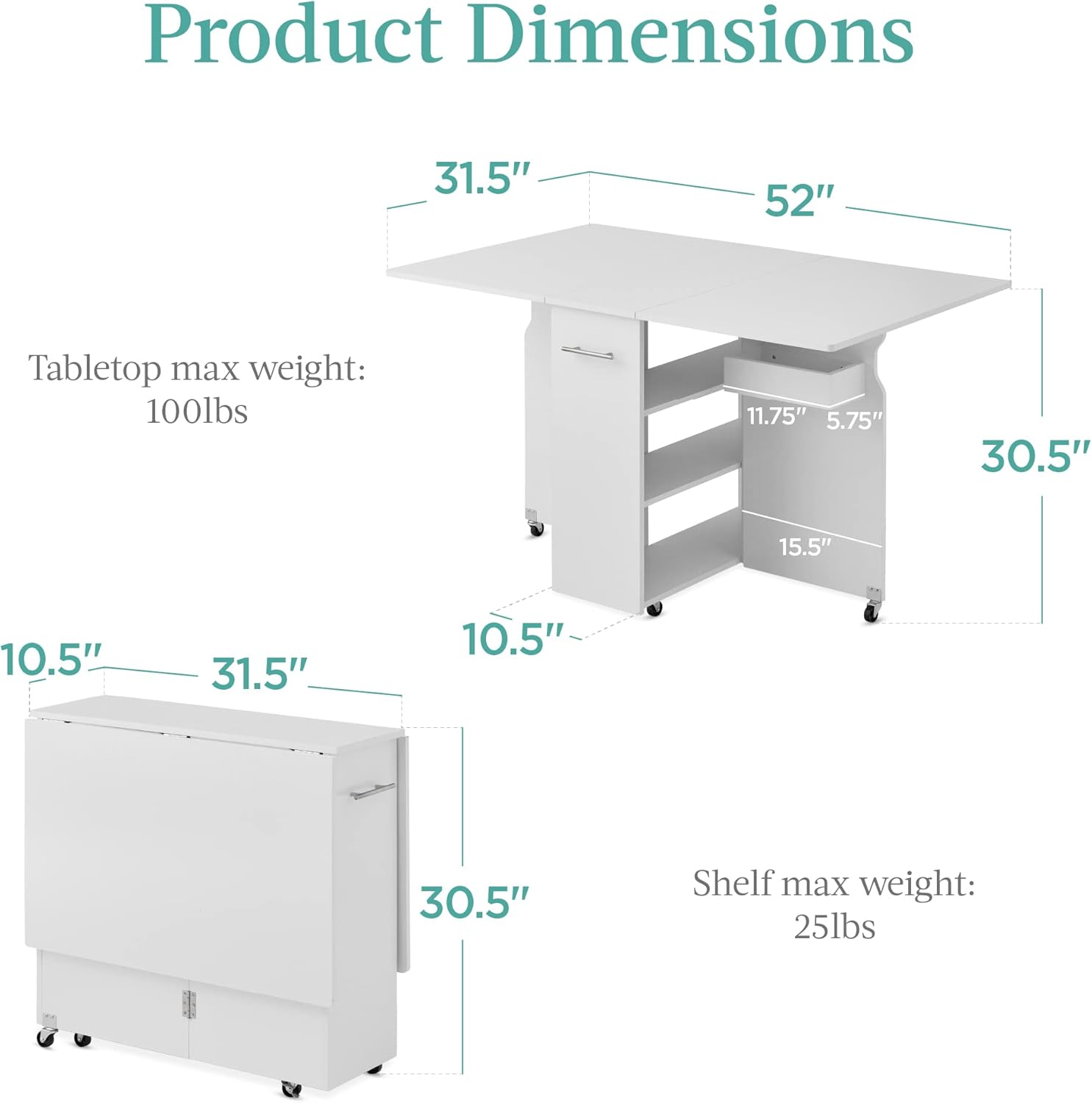 Best Choice Products Folding Dining Table, Multipurpose Space Saving Collapsible Drop Leaf Extension Desk w/Wheels, 3 Storage Shelves - White