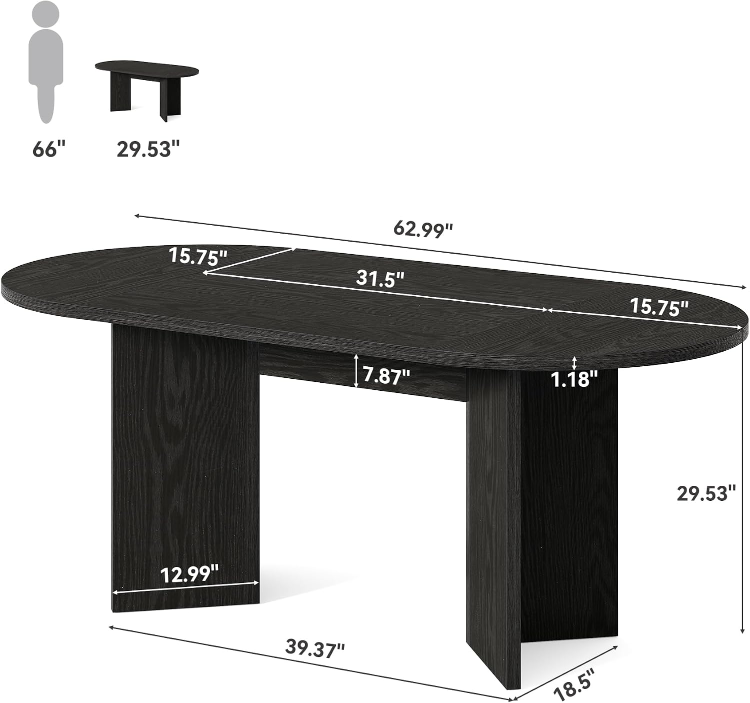 LITTLE TREE 63' Rustic Oval Dining Table for 4-6, Sturdy MDF Farmhouse Kitchen Table with Metal Strip Base, for Living Room, Office, Restaurant, Multi-Use, Black
