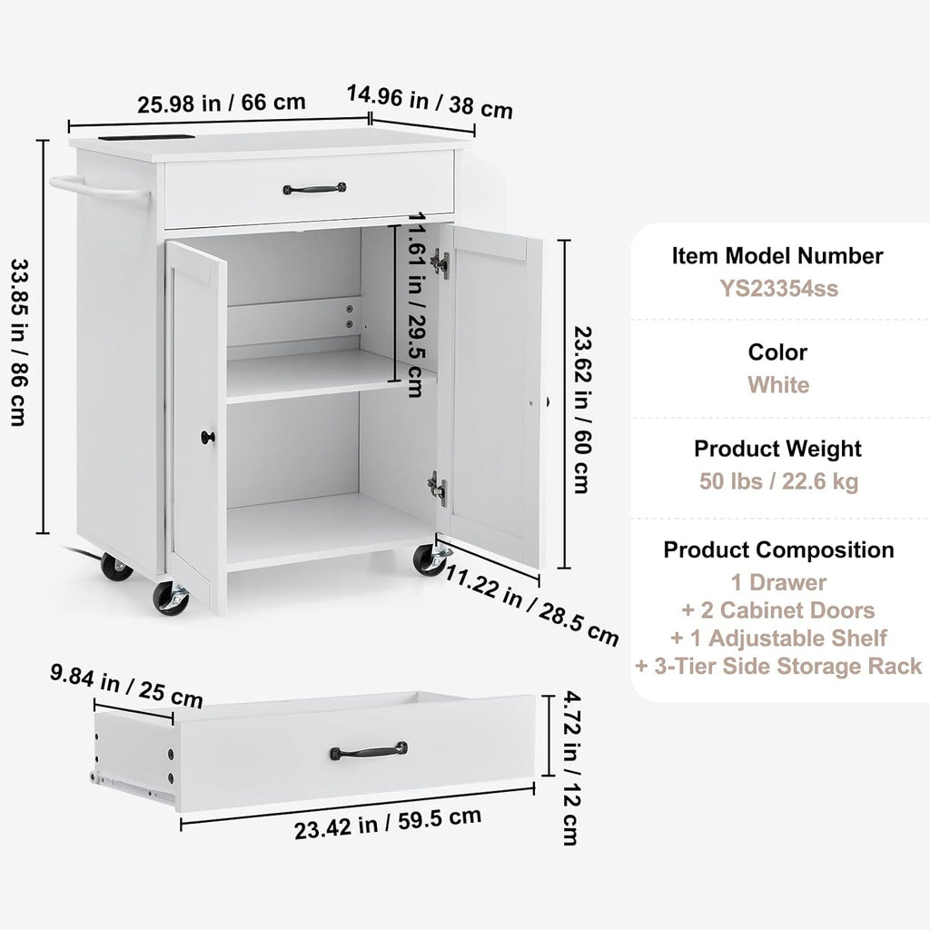 VEVOR Kitchen Island Cart, 32' Mobile Carts with Storage Cabinet, Rolling Table with Power Outlet, Spice Rack, Towel Bar, Adjustable Shelf, Drawer, Dining Living Room Portable Islands on Wheels, White