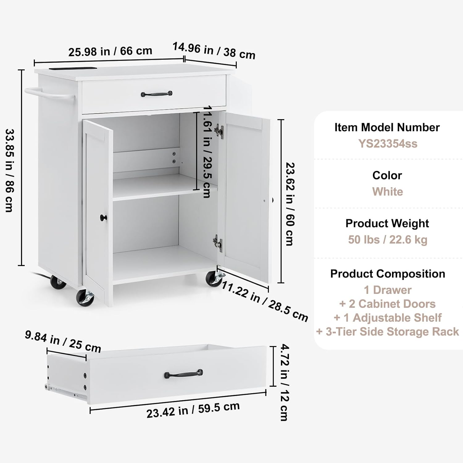 VEVOR Kitchen Island Cart, 32' Mobile Carts with Storage Cabinet, Rolling Table with Power Outlet, Spice Rack, Towel Bar, Adjustable Shelf, Drawer, Dining Living Room Portable Islands on Wheels, White