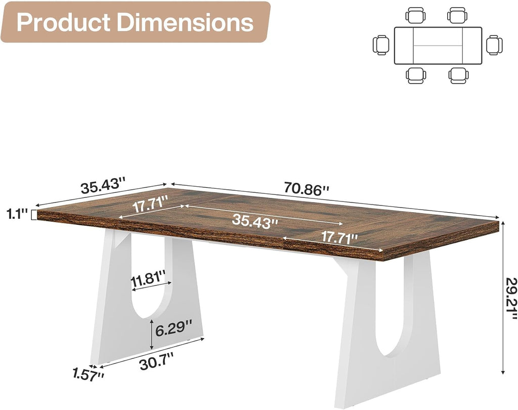 Tribesigns Large Dining Table for 6-8 People, 70.9' Wood Rustic Rectangular Table with White Wooden Legs, Farmhouse Center Kitchen Table for Dining Room, Living Room, Home Furniture (Brown & White)